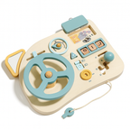 Tableau de bord jouet en bois pour enfants avec volant bleu, levier de vitesse, boutons colorés et illustrations. Jouet éducatif interactif.