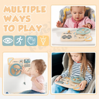 Enfant jouant avec un tableau de bord jouet interactif en bois, volant et boutons colorés. Jouet éducatif pour développement sensoriel et motricité.