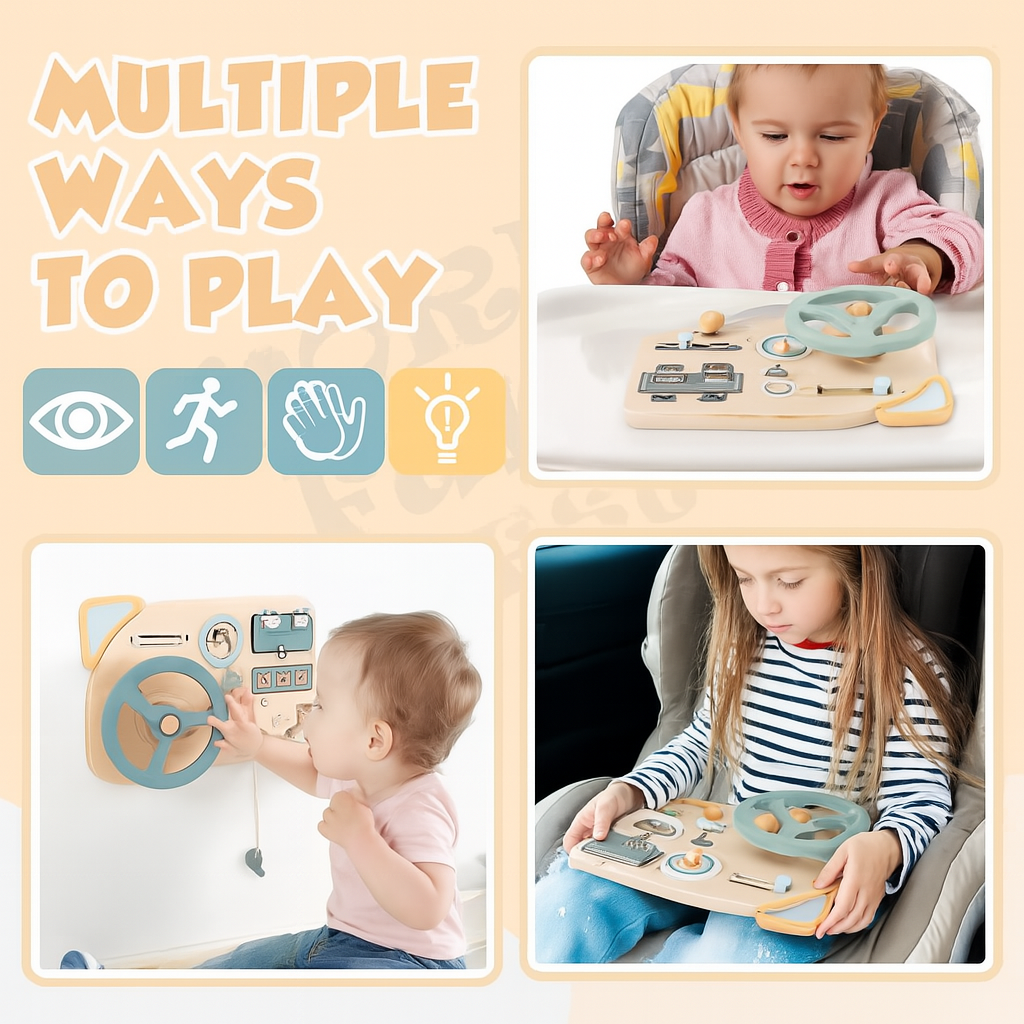 Enfant jouant avec un tableau de bord jouet interactif en bois, volant et boutons colorés. Jouet éducatif pour développement sensoriel et motricité.