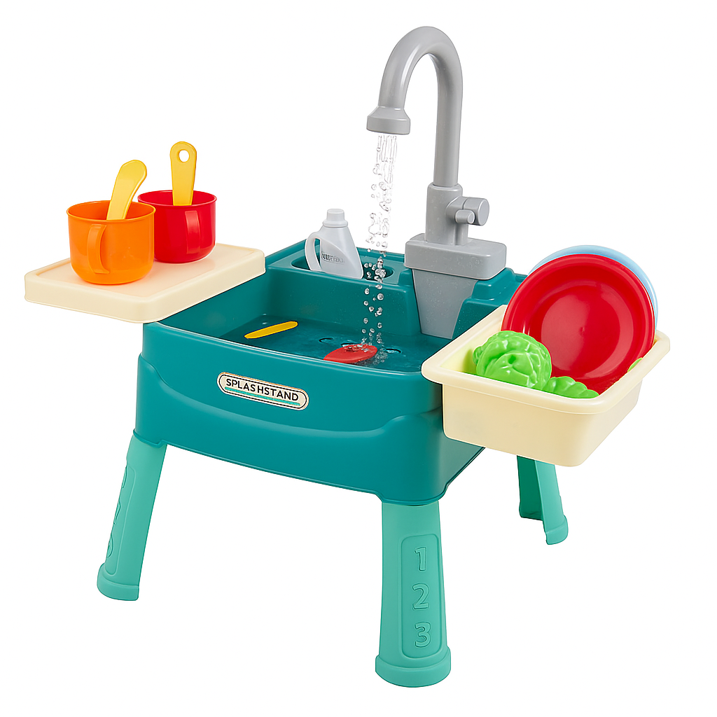 Évier jouet pour enfants avec accessoires colorés, comprenant bols, assiettes, et ustensiles. Robinet fonctionnel, idéal pour jeux d'imitation éducatifs.