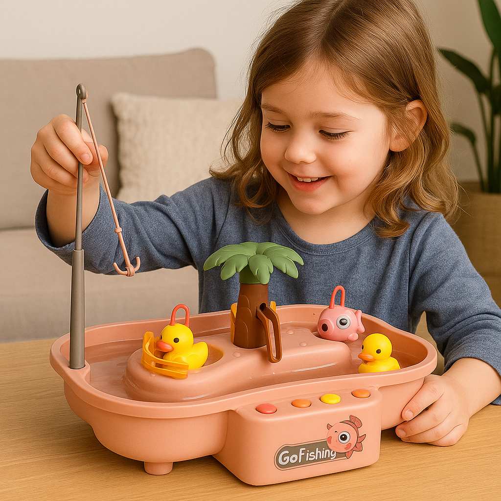 Enfant jouant avec un jeu de pêche magnétique, canards jaunes et cochon rose flottant, intérieur salon. Jouet éducatif interactif pour enfants.
