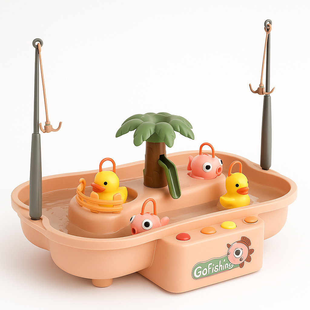 Jeu de pêche pour enfants avec canards en plastique, cannes à pêche et palmier central. Jouet interactif éducatif pour développement moteur.