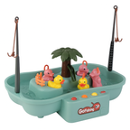 Jeu de pêche pour enfants avec cannes à pêche, canards et dauphins en plastique coloré, sur un plateau vert avec un palmier central.