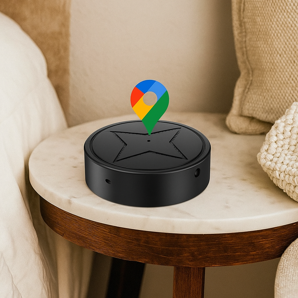 Appareil intelligent noir sur table de chevet en marbre, avec icône de localisation colorée. Technologie domotique, design moderne, intérieur élégant.