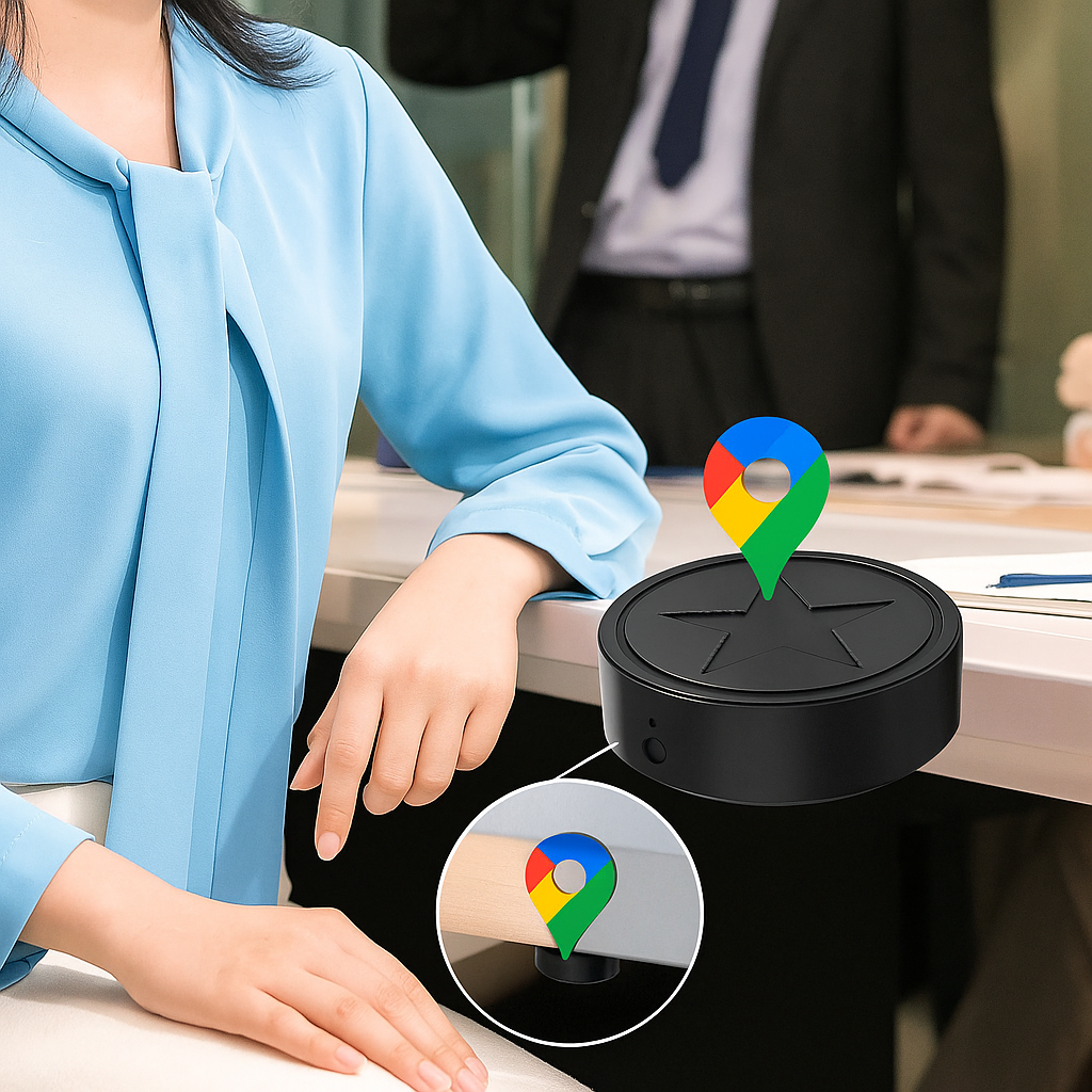 Femme en chemisier bleu avec un appareil de localisation GPS sur la table, logo Google Maps visible. Technologie de suivi, bureau moderne.