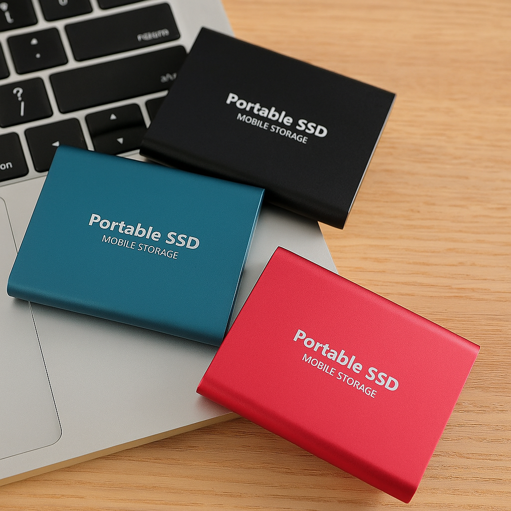 Trois disques SSD portables colorés (noir, bleu, rouge) sur un clavier d'ordinateur portable en bois. Stockage mobile rapide et compact.