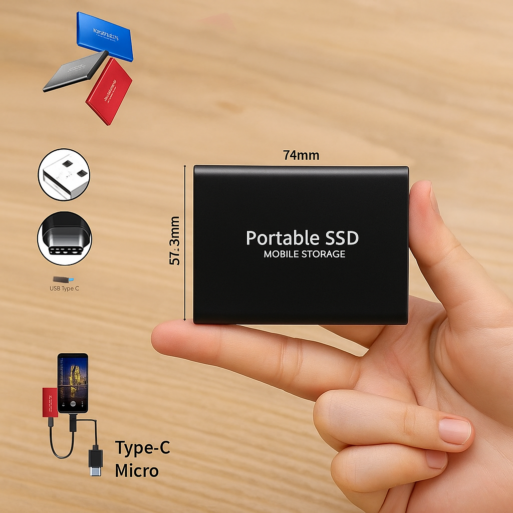 Disque SSD portable noir, stockage mobile, tenu entre deux doigts, avec connecteurs USB Type-C et Micro, dimensions 74mm x 57.3mm.