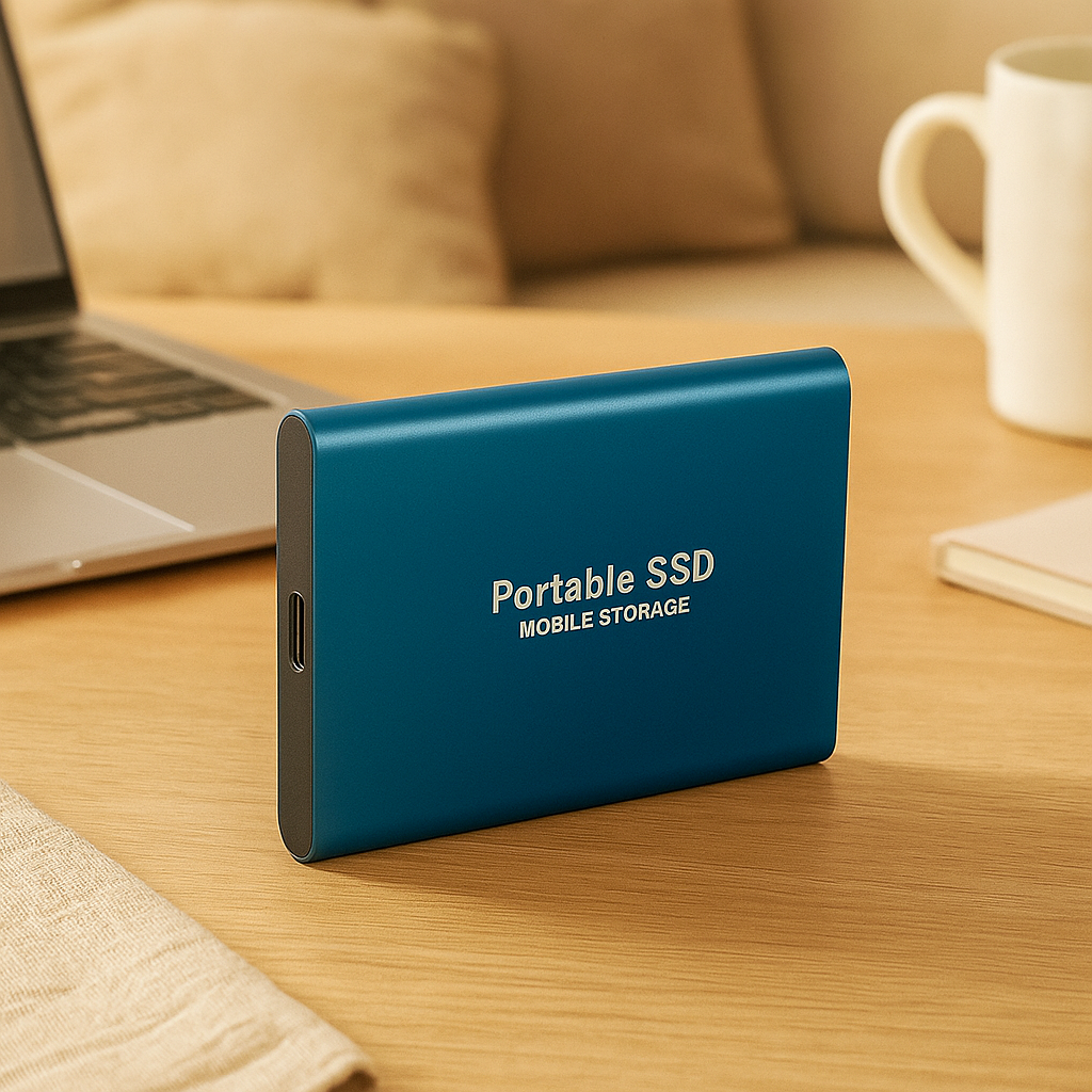 Disque SSD portable bleu sur une table en bois, à côté d'un ordinateur portable et d'une tasse. Stockage externe rapide et compact pour données numériques.