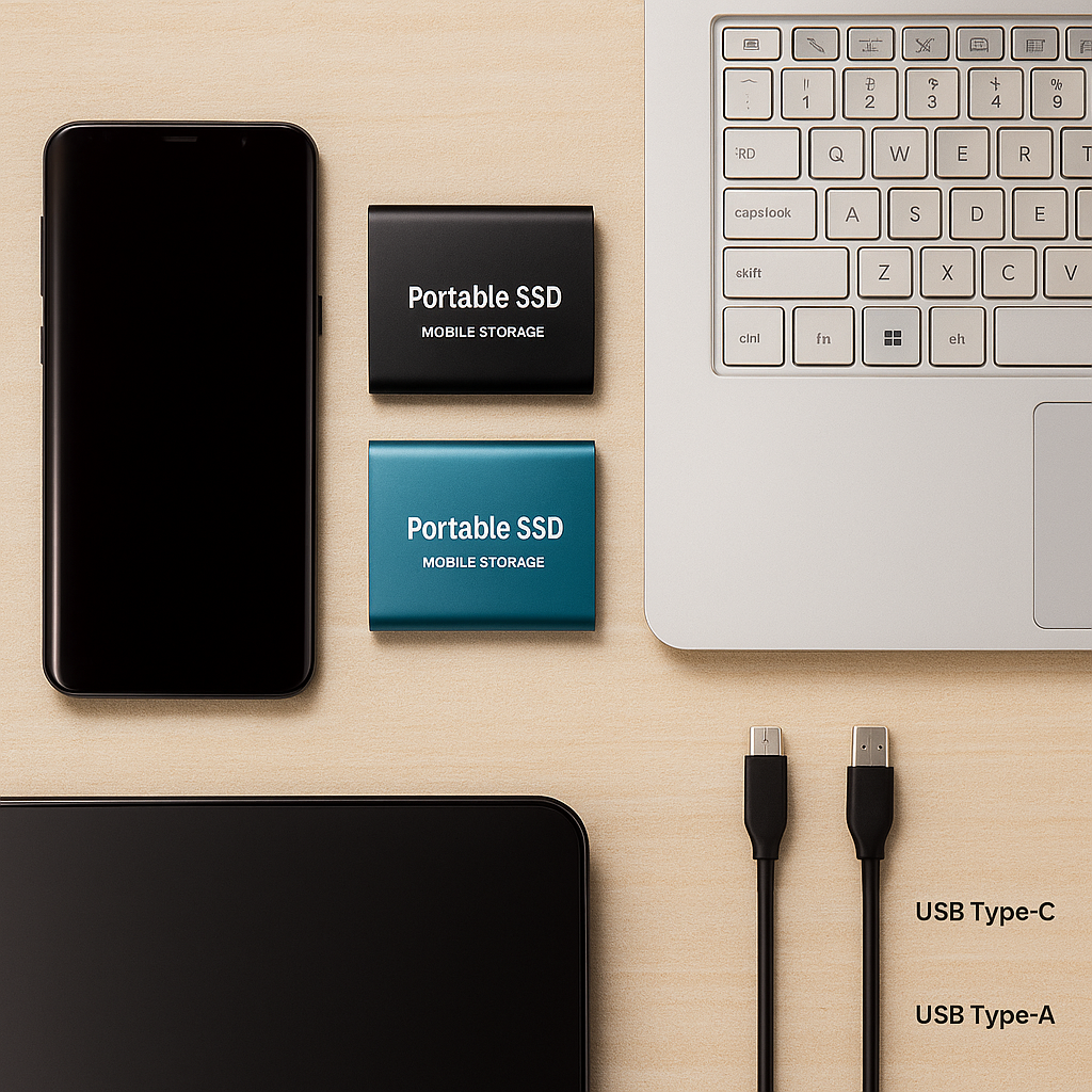 Smartphone, SSD portables noir et bleu, clavier d'ordinateur portable, câbles USB Type-C et Type-A sur fond beige. Accessoires technologiques modernes.