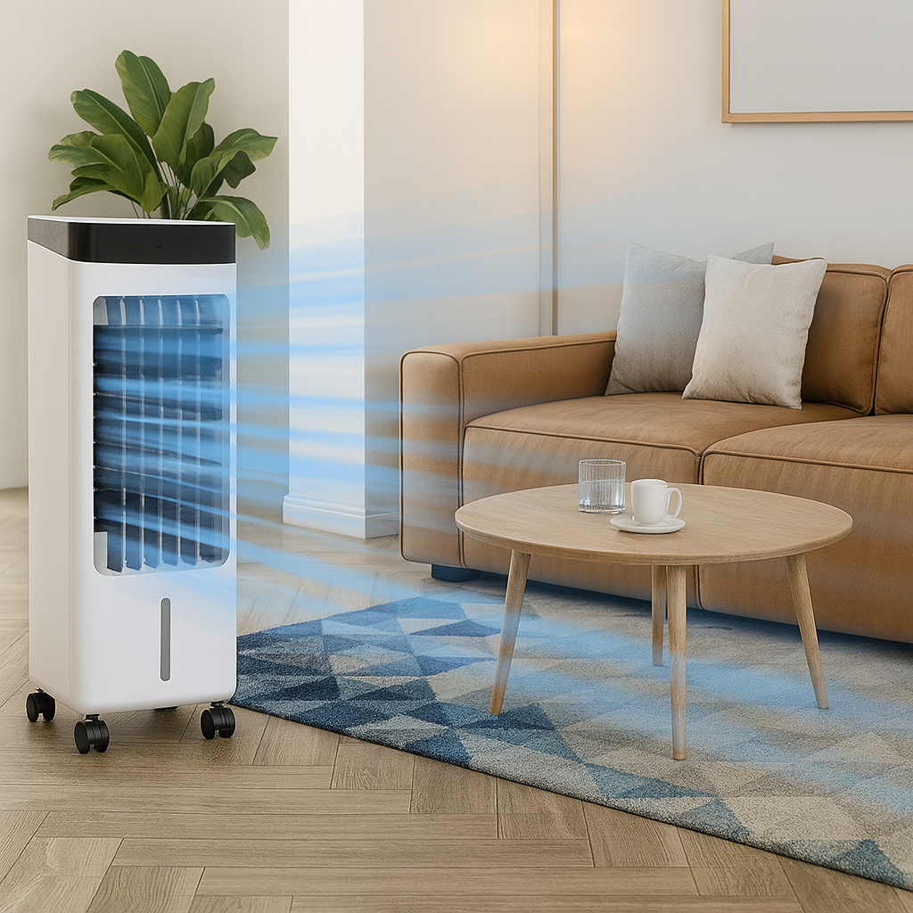 Climatiseur mobile blanc dans un salon moderne, diffusant de l'air frais. Canapé beige, table basse en bois, plante verte, tapis géométrique.