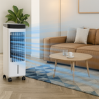 Climatiseur mobile blanc dans un salon moderne, diffusant de l'air frais. Canapé beige, table basse en bois, plante verte, tapis géométrique.