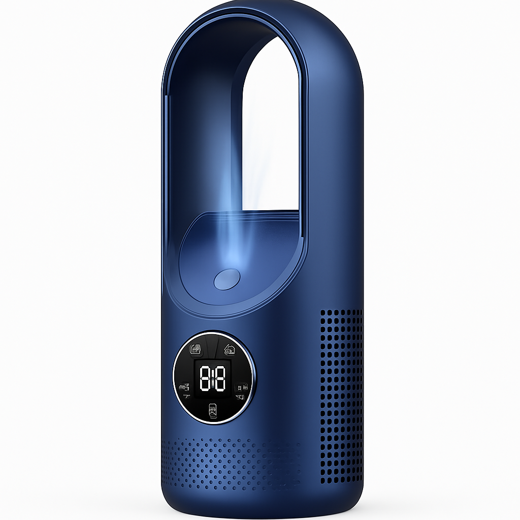 Purificateur d'air bleu moderne avec écran LED affichant 88, design sans pales, technologie de filtration avancée, idéal pour maison ou bureau.