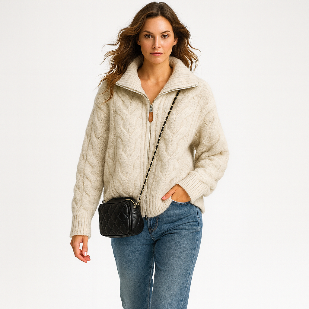 Trøje i strik med krave og lynlås til kvinder | Tykt og blødt vinterstrik | Løs og afslappet pasform