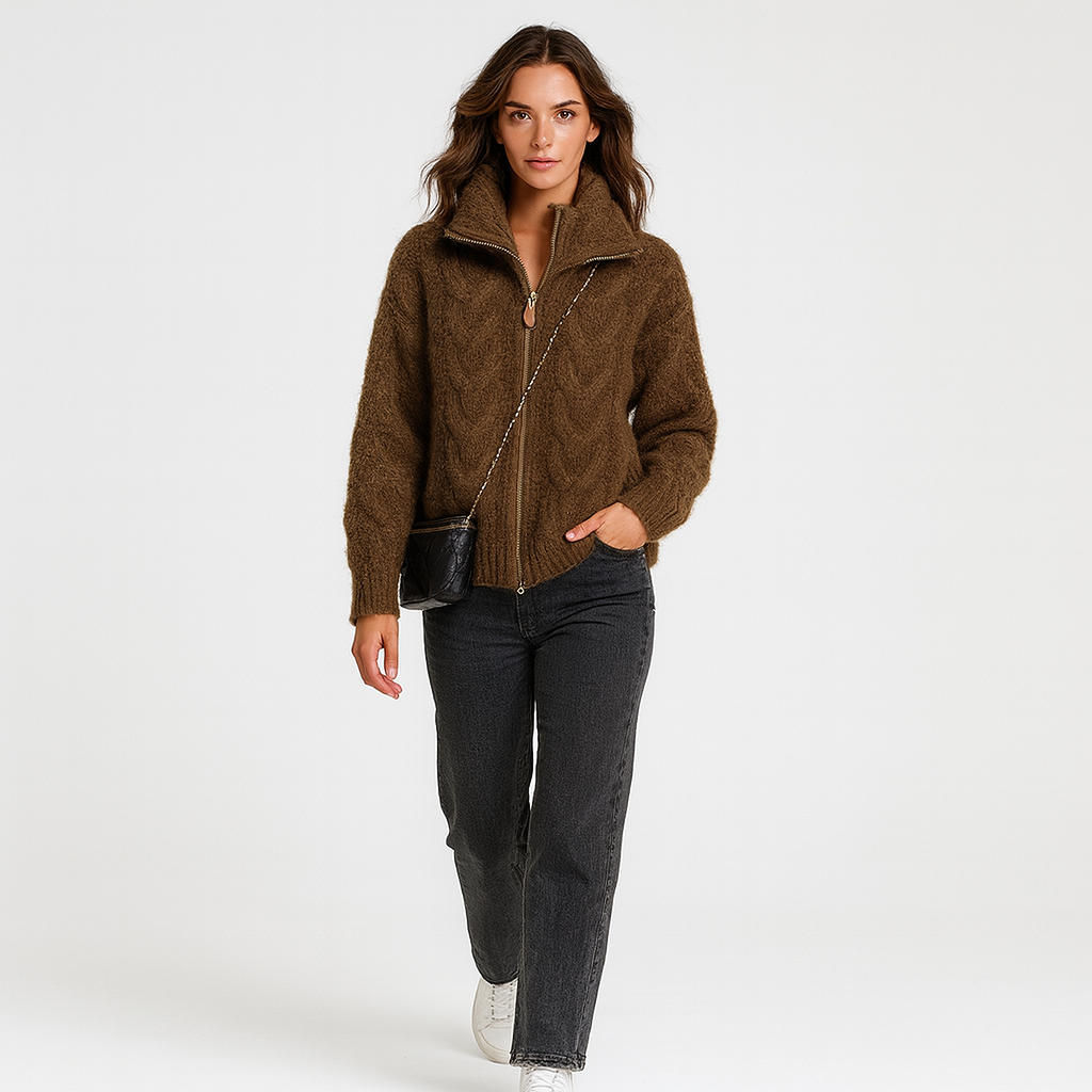 Trøje i strik med krave og lynlås til kvinder | Tykt og blødt vinterstrik | Løs og afslappet pasform