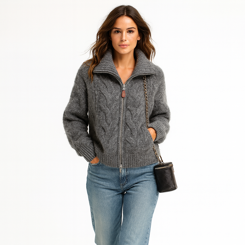 Trøje i strik med krave og lynlås til kvinder | Tykt og blødt vinterstrik | Løs og afslappet pasform