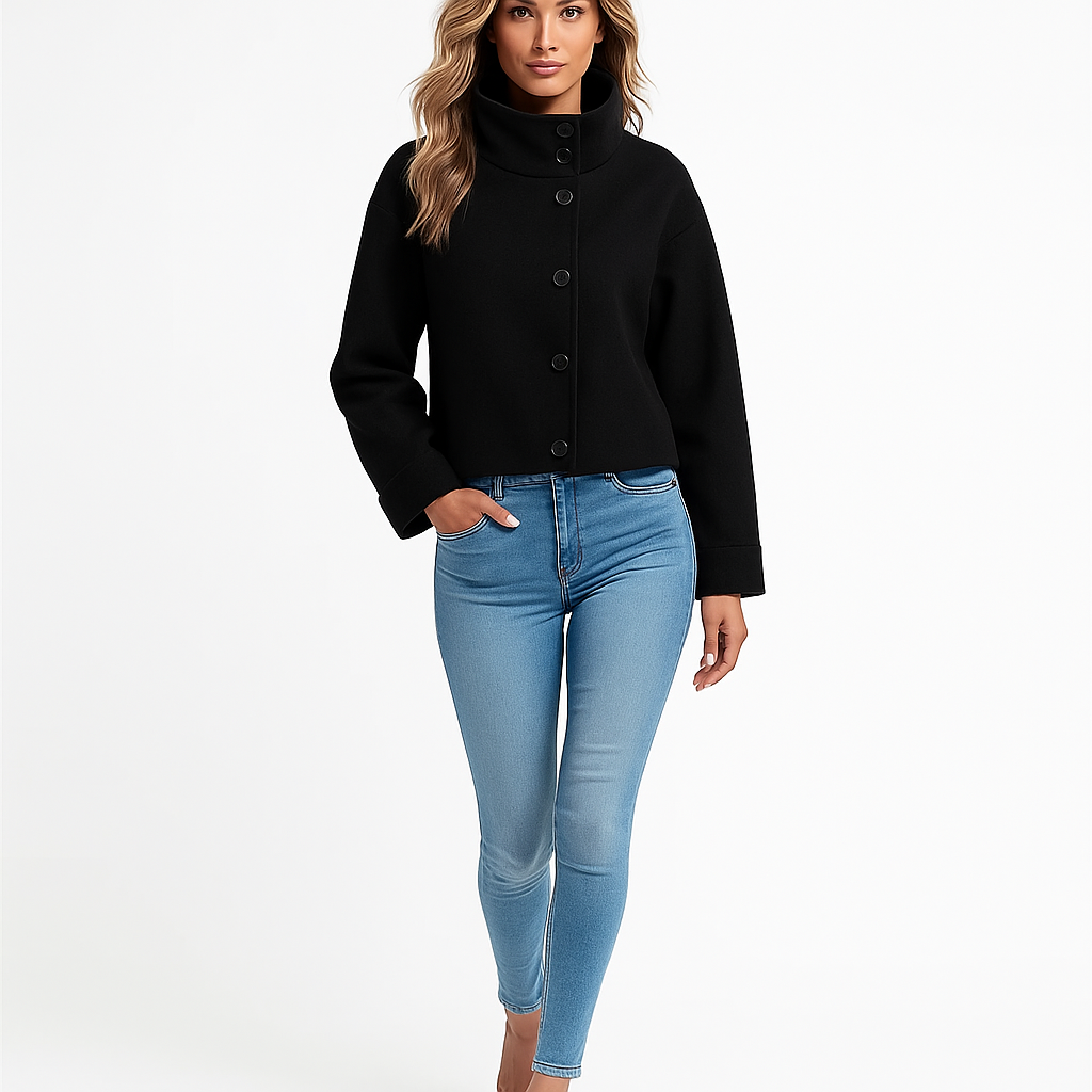 Kort uldvest til kvinder | Høj krave | Lukning med enkelt knap