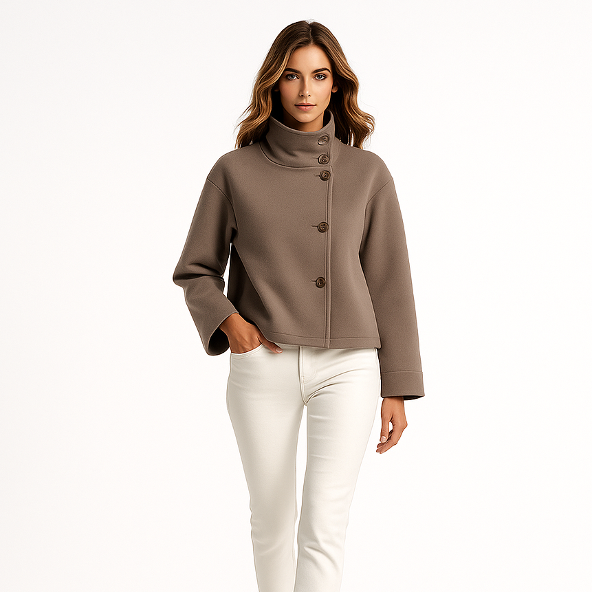 Krótka wełniana kurtka damska | Stójka | Zapięcie na pojedynczy guzik