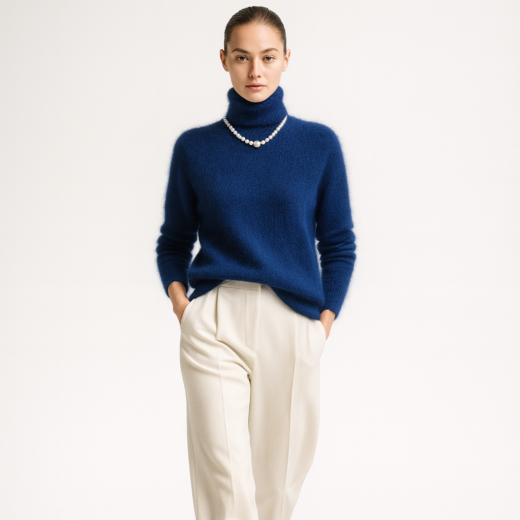 Trøje i efterårs- og vinterstrik til kvinder | Høj hals | Blød og varm kvalitet i finstrik