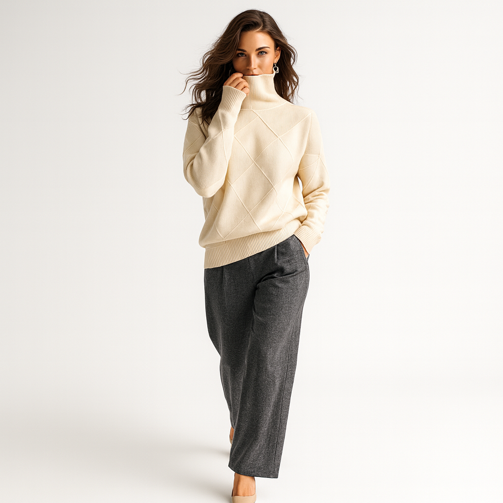 Striktrøje til kvinder med tekstureret mønster | Høj hals | Blød og behagelig til efterår og vinter