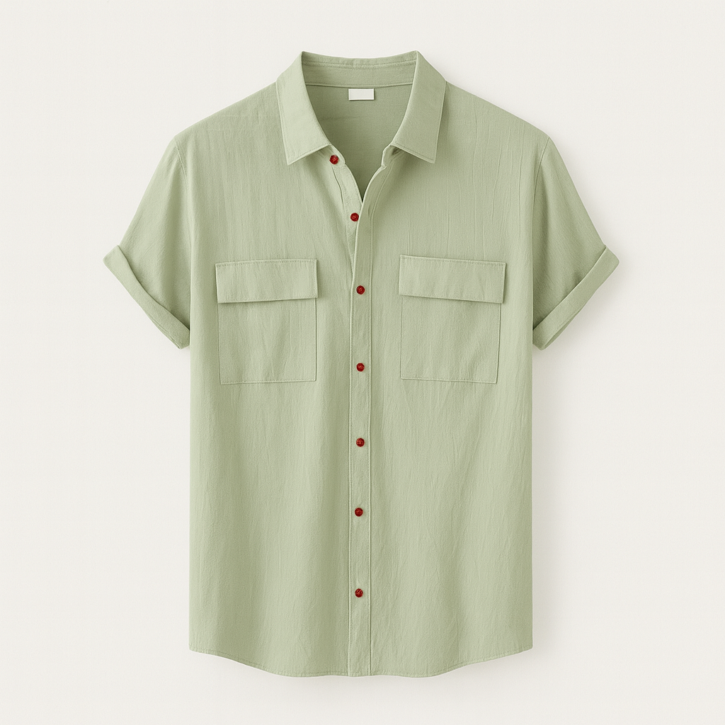 Chemise verte en lin pour homme avec manches courtes, boutons rouges et poches avant. Style décontracté, idéale pour l'été.