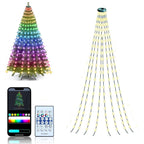 Guirlande lumineuse LED multicolore pour sapin de Noël, contrôlable via smartphone et télécommande, idéale pour décoration festive intérieure.