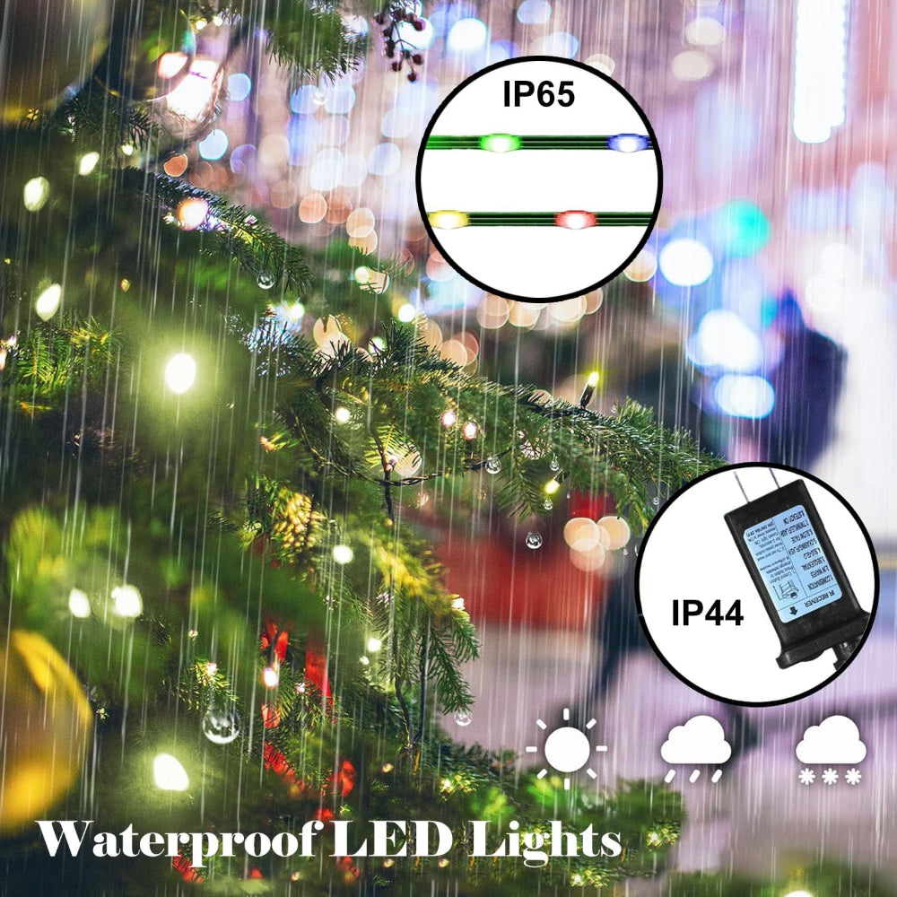 Guirlande lumineuse LED étanche IP65, décorative pour extérieur, avec lumières multicolores sur sapin de Noël, adaptée à toutes conditions météo.