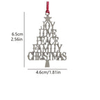 Décoration de Noël en métal en forme de sapin avec les mots "Joy, Love, Peace, Family, Christmas", suspendue par un cordon rouge.