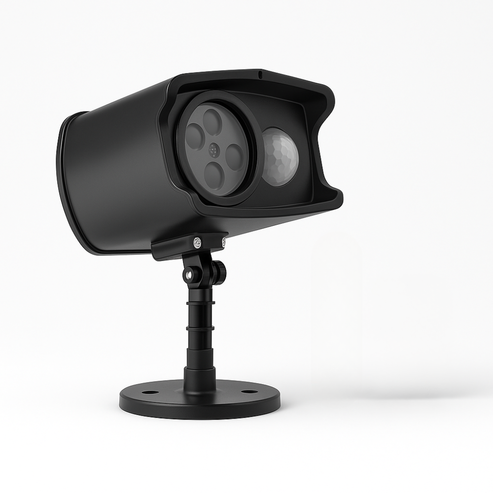 Caméra de surveillance extérieure noire moderne, montée sur support, avec capteur de mouvement, idéale pour la sécurité domestique et professionnelle.