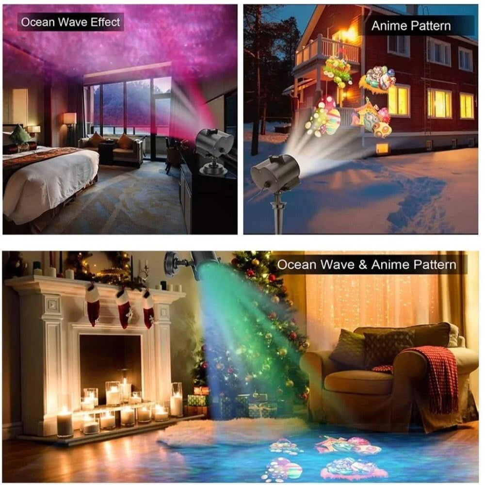 Projecteur LED avec effets d'ondes océaniques et motifs animés, illuminant une chambre, une maison enneigée et un salon décoré pour Noël.