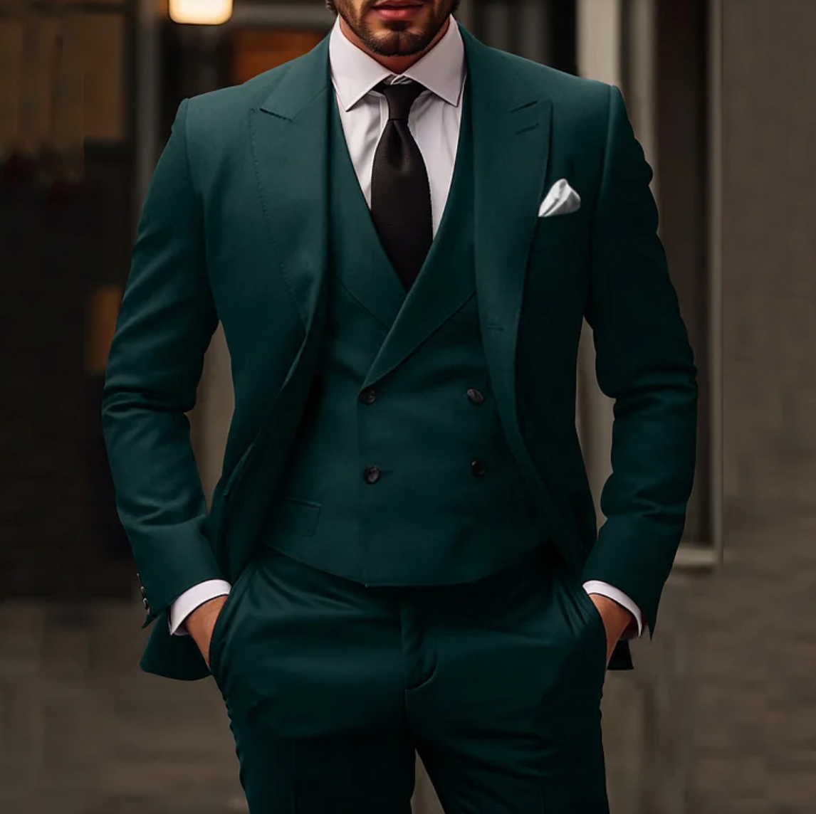 Homme en costume vert foncé élégant, cravate noire, chemise blanche, posant avec assurance. Mode masculine, style formel, tendance vestimentaire.