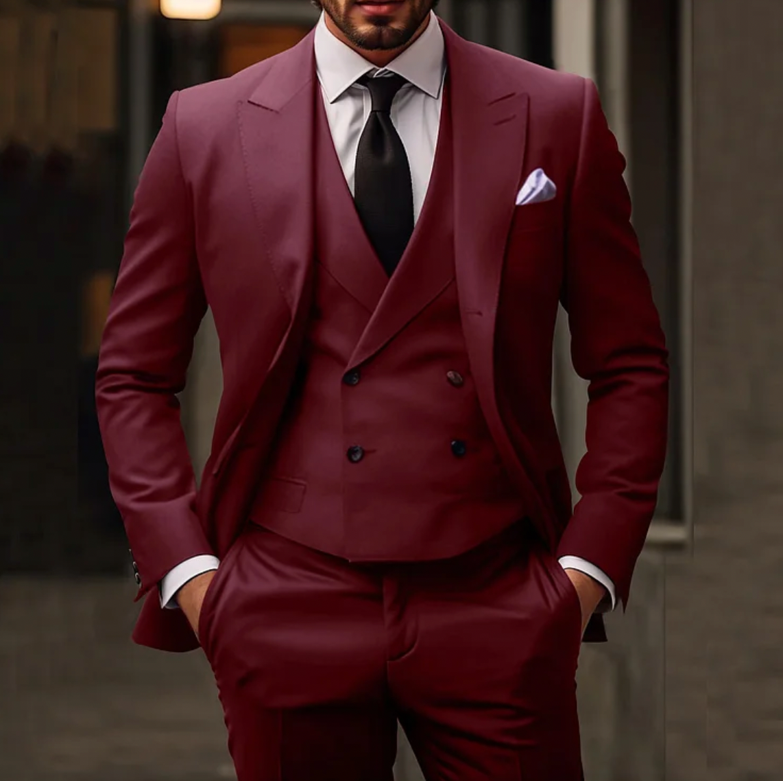 Homme en costume bordeaux élégant, cravate noire, gilet assorti, posant avec assurance. Mode masculine, style formel, tendance vestimentaire.