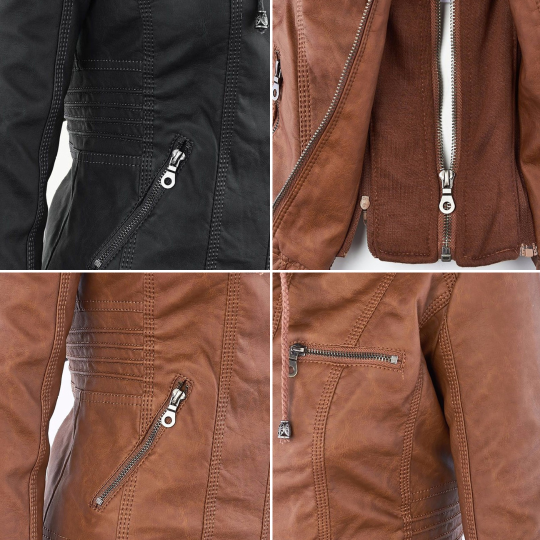 Veste en cuir noir et marron pour femme, détails de fermeture éclair et coutures, style motard, mode automne-hiver, tendance élégante et moderne.