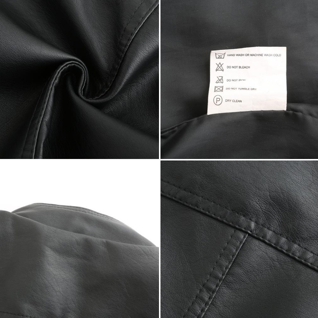 Quatre images d'un manteau en cuir noir avec étiquette d'entretien, montrant texture, coutures et instructions de lavage. Mode, vêtement, cuir.