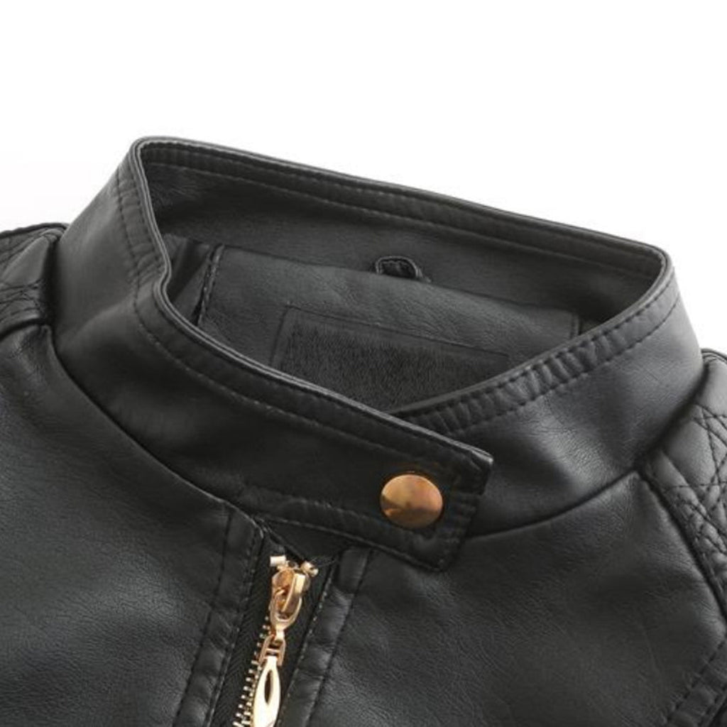 Veste en cuir noir pour homme avec col montant, fermeture éclair dorée et bouton-pression. Mode masculine, style élégant et moderne.