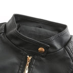 Veste en cuir noir pour homme avec col montant, fermeture éclair dorée et bouton-pression. Mode masculine, style élégant et moderne.