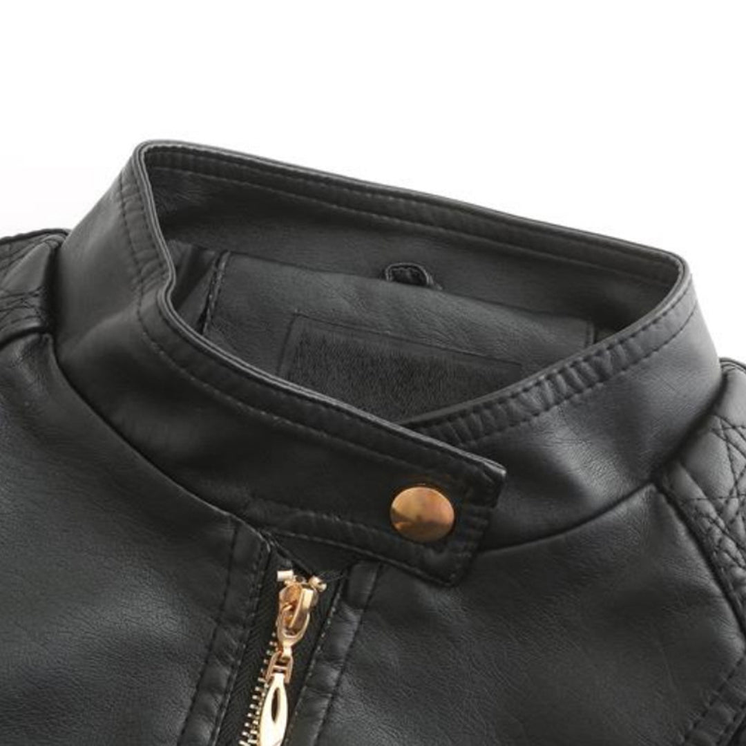 Veste en cuir noir pour homme avec col montant, fermeture éclair dorée et bouton-pression. Mode masculine, style élégant et moderne.