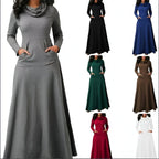 Robe longue à manches longues avec poches, disponible en plusieurs couleurs : gris, noir, bleu, vert, marron, rouge, blanc. Mode élégante et confortable.