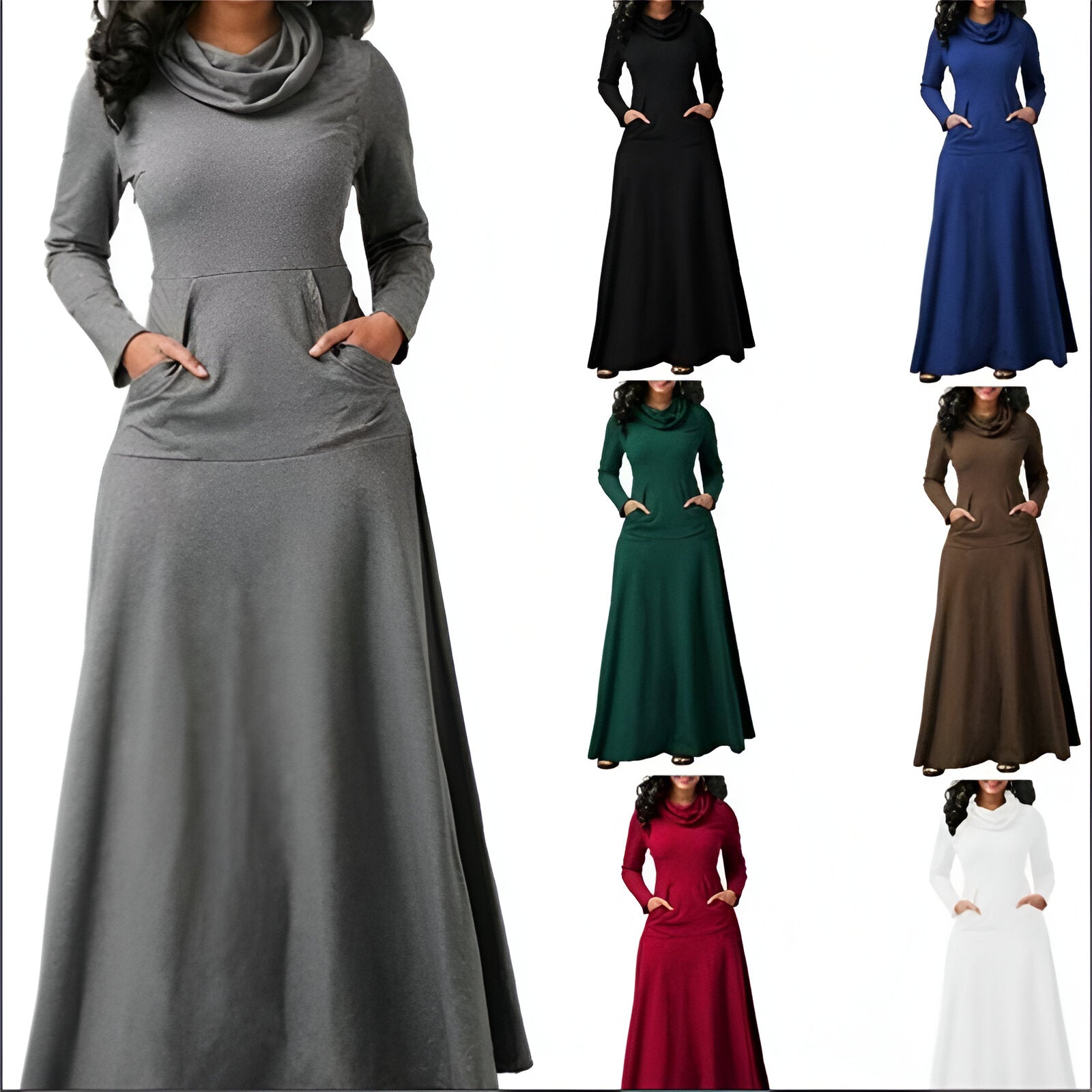 Robe longue à manches longues avec poches, disponible en plusieurs couleurs : gris, noir, bleu, vert, marron, rouge, blanc. Mode élégante et confortable.
