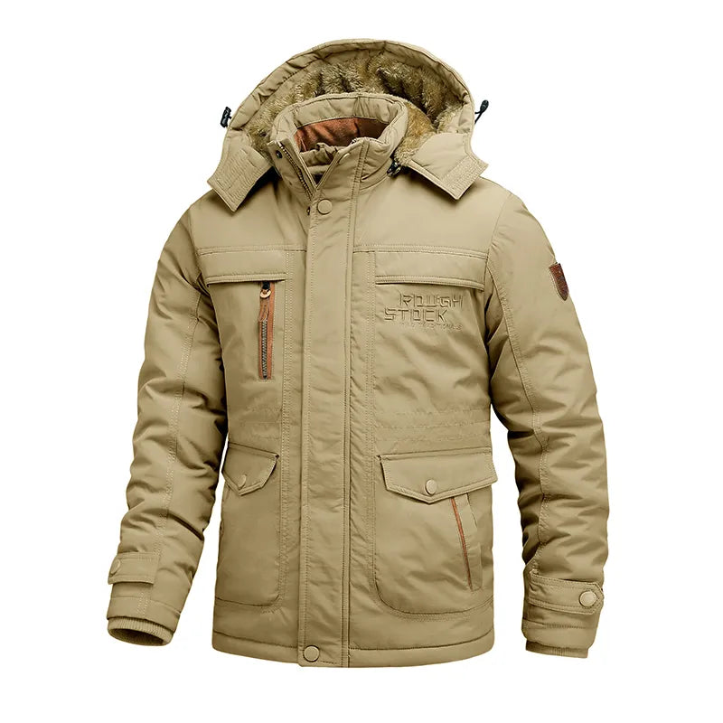 Veste d'hiver beige pour homme avec capuche, poches multiples et fermeture éclair. Idéale pour le froid, style décontracté et fonctionnel.