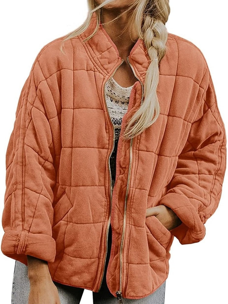Veste matelassée orange pour femme, style décontracté, manches longues, fermeture éclair, idéale pour l'automne et l'hiver, tendance mode 2023.