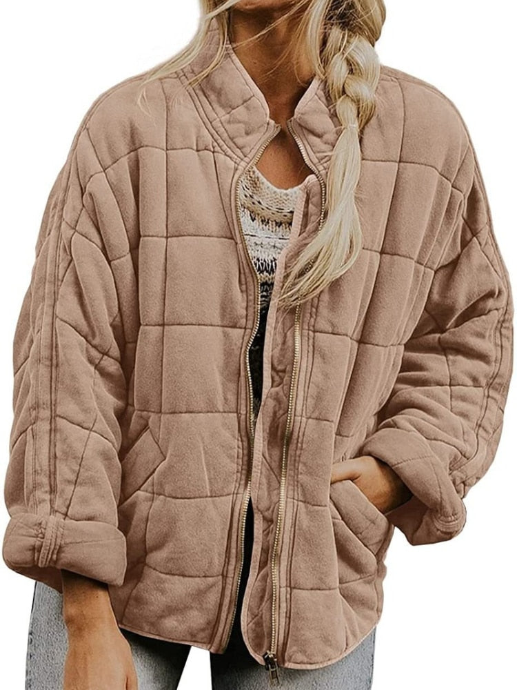 Veste matelassée beige pour femme, style décontracté, manches longues, fermeture éclair, idéale pour l'automne et l'hiver.