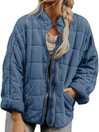 Veste matelassée bleue pour femme, style décontracté, avec fermeture éclair, manches longues, idéale pour l'automne et l'hiver.