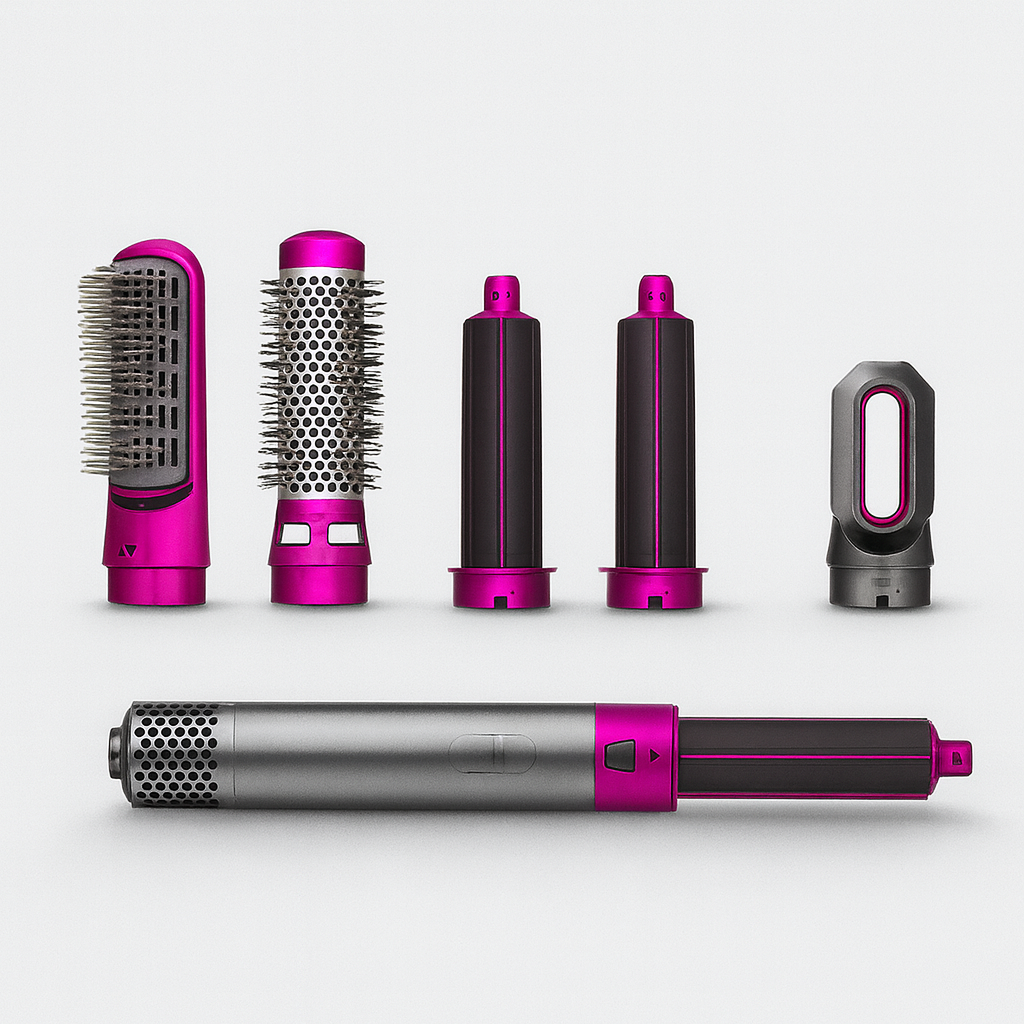 Coffret de coiffure multifonction rose et gris avec brosses interchangeables, sèche-cheveux et accessoires de coiffage. Outil de beauté innovant.