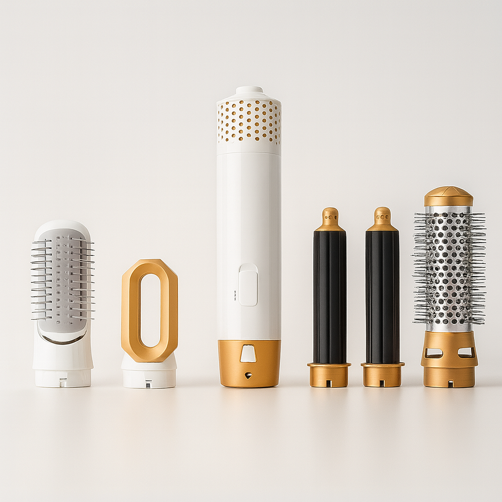 Sèche-cheveux multifonction blanc et or avec accessoires interchangeables, brosses et embouts coiffants. Outil de coiffure moderne et polyvalent.