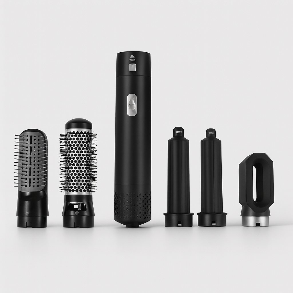 Sèche-cheveux multifonction noir avec accessoires interchangeables : brosse lissante, brosse ronde, embouts bouclants et concentrateur.