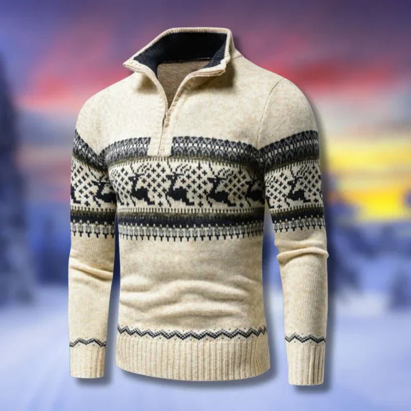 Pull beige à col montant avec motifs de rennes et flocons noirs, idéal pour l'hiver. Tricot chaud et élégant, parfait pour les fêtes de Noël.
