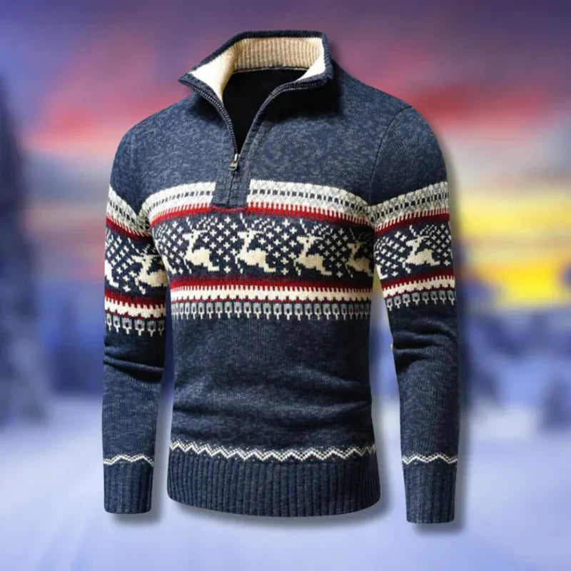 Pull-over en laine bleu avec motifs de rennes blancs et rouges, col zippé, style nordique, idéal pour l'hiver et les fêtes de Noël.