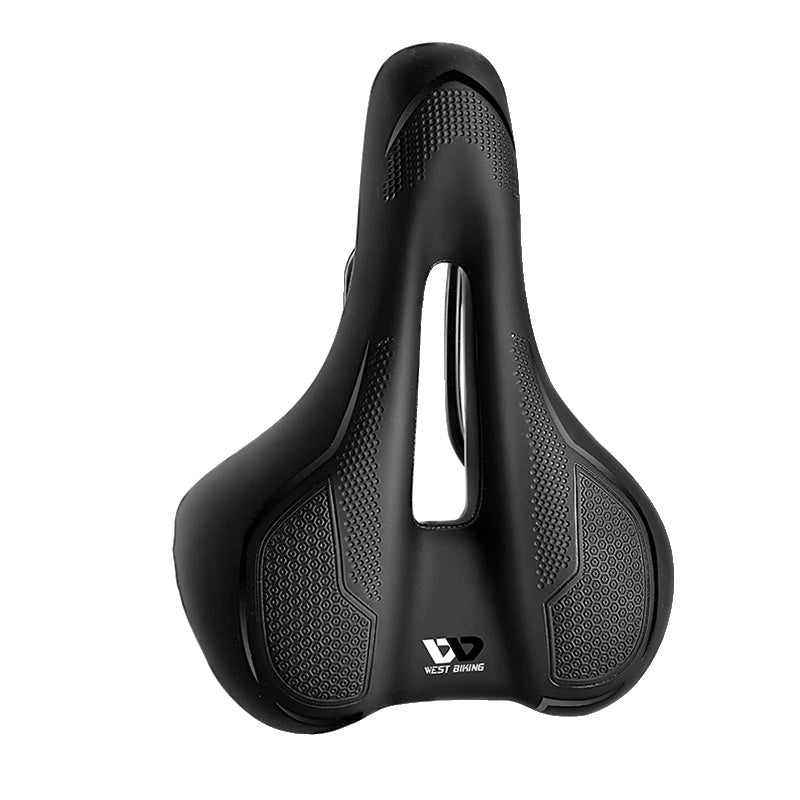 Selle de vélo ergonomique noire avec design antidérapant, ouverture centrale pour ventilation, idéale pour cyclisme confort et performance.