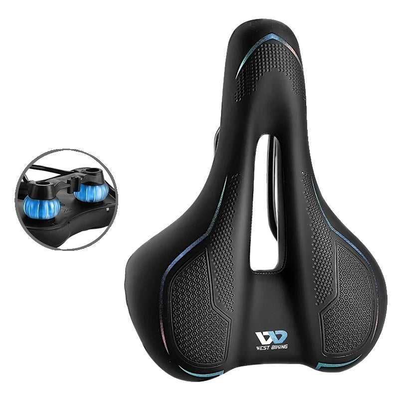 Selle de vélo ergonomique noire avec coussinets amortisseurs bleus, design respirant, idéale pour confort cycliste. Accessoire vélo haute qualité.