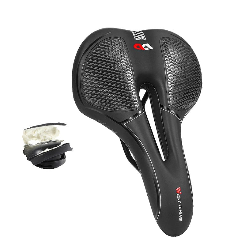 Selle de vélo ergonomique noire avec coussin en gel, design antidérapant, idéale pour le confort et la performance cycliste.